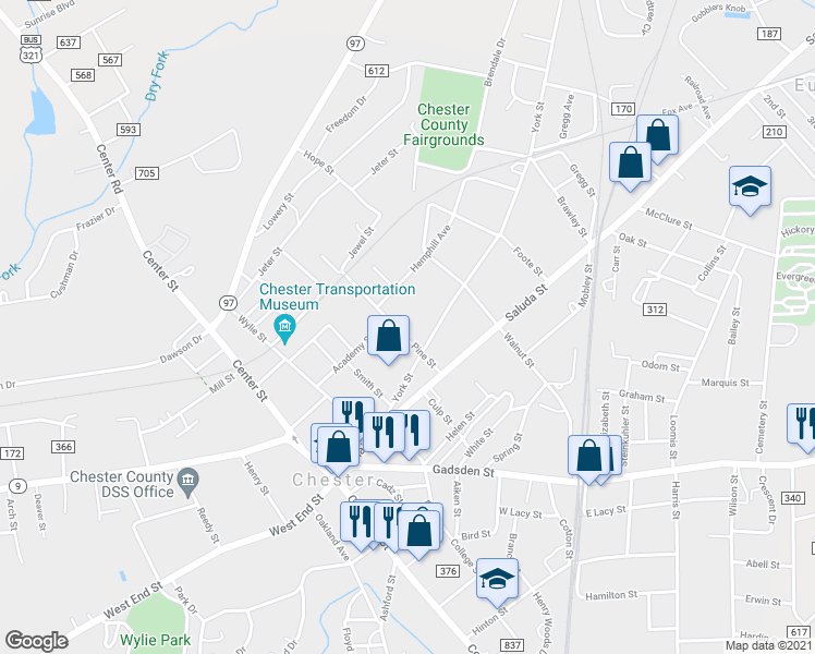 map of restaurants, bars, coffee shops, grocery stores, and more near 105 1/2 Pine Street in Chester