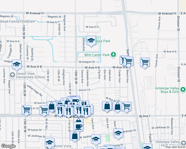 map of restaurants, bars, coffee shops, grocery stores, and more near 714 West Avenue H9 in Lancaster