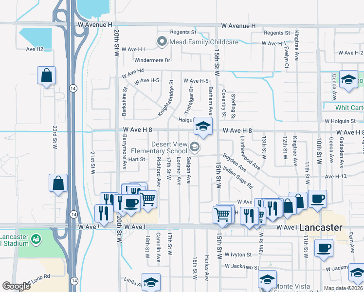 map of restaurants, bars, coffee shops, grocery stores, and more near 45526 Lorimer Avenue in Lancaster