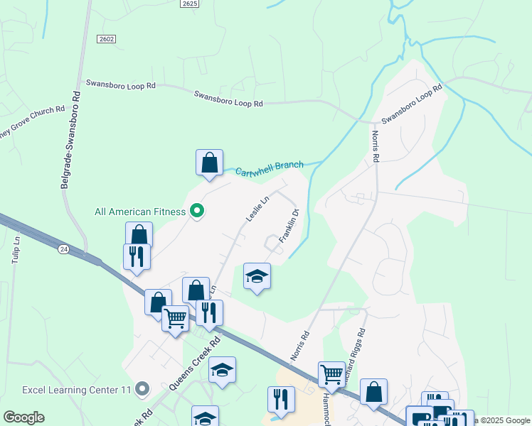 map of restaurants, bars, coffee shops, grocery stores, and more near 188 Leslie Lane in Swansboro