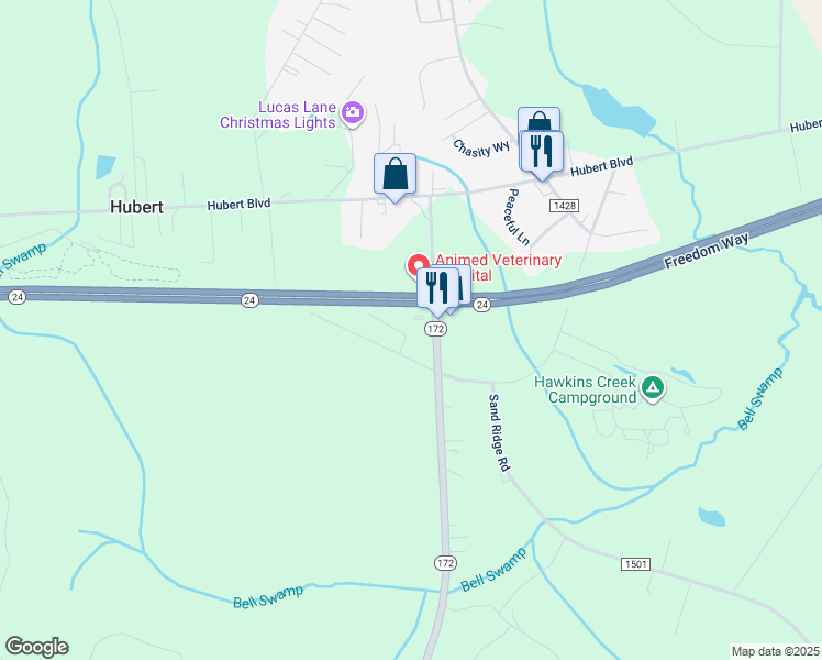 map of restaurants, bars, coffee shops, grocery stores, and more near 147 Starling Road in Hubert