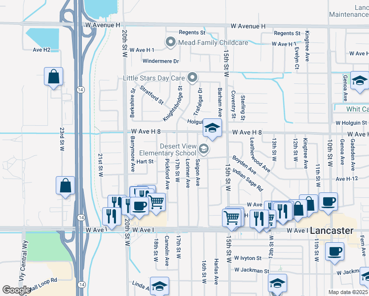 map of restaurants, bars, coffee shops, grocery stores, and more near 45527 Lorimer Avenue in Lancaster