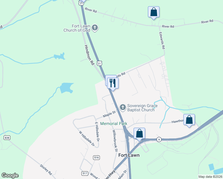 map of restaurants, bars, coffee shops, grocery stores, and more near 2610 Catawba River Rd in Fort Lawn