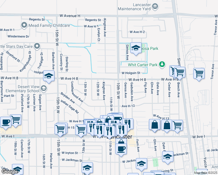 map of restaurants, bars, coffee shops, grocery stores, and more near 45515 11th Street West in Lancaster