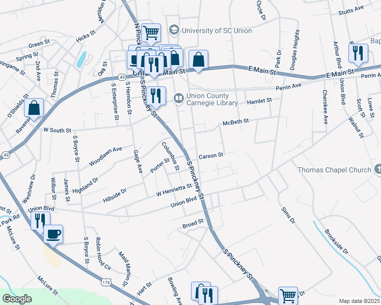 map of restaurants, bars, coffee shops, grocery stores, and more near 320 South Church Street in Union