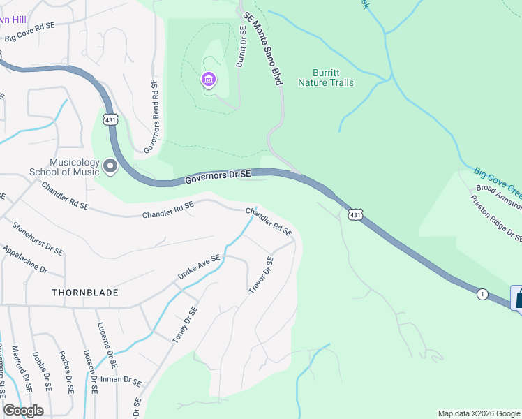 map of restaurants, bars, coffee shops, grocery stores, and more near 1421 Chandler Road Southeast in Huntsville