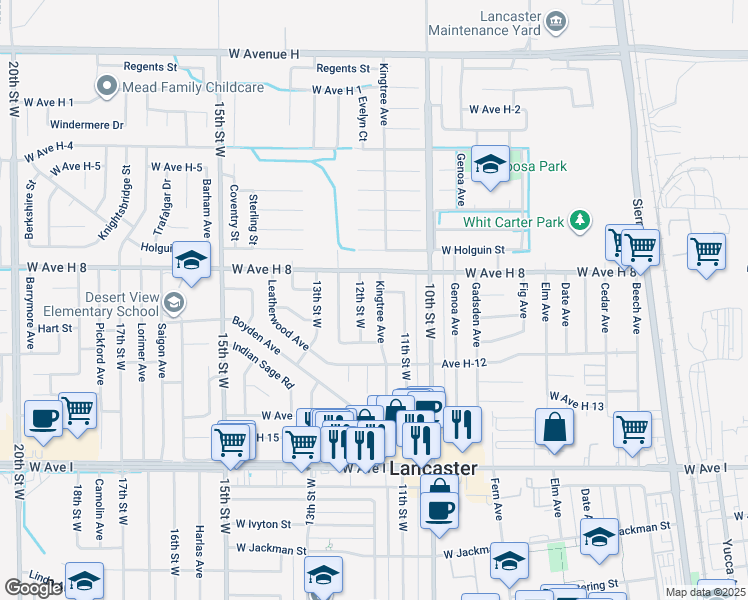map of restaurants, bars, coffee shops, grocery stores, and more near 45517 Kingtree Avenue in Lancaster