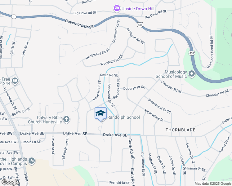 map of restaurants, bars, coffee shops, grocery stores, and more near 2712 Barcody Road Southeast in Huntsville