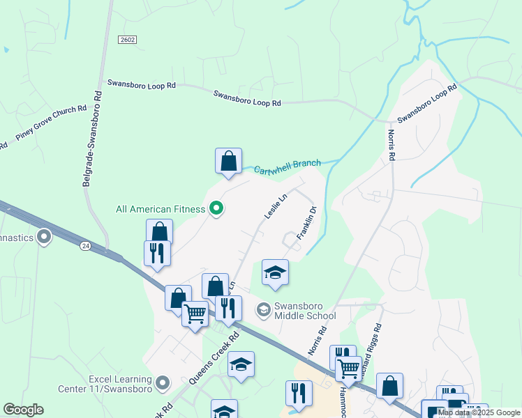 map of restaurants, bars, coffee shops, grocery stores, and more near 179 Leslie Lane in Swansboro
