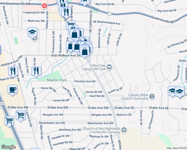 map of restaurants, bars, coffee shops, grocery stores, and more near 2506 Whitesburg Drive South in Huntsville