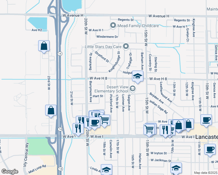 map of restaurants, bars, coffee shops, grocery stores, and more near 45527 Pickford Avenue in Lancaster