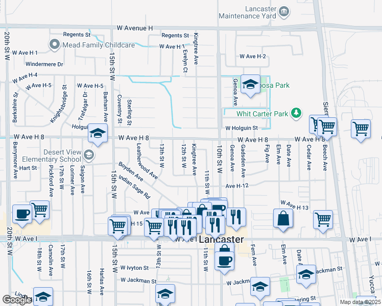 map of restaurants, bars, coffee shops, grocery stores, and more near 45517 Kingtree Avenue in Lancaster