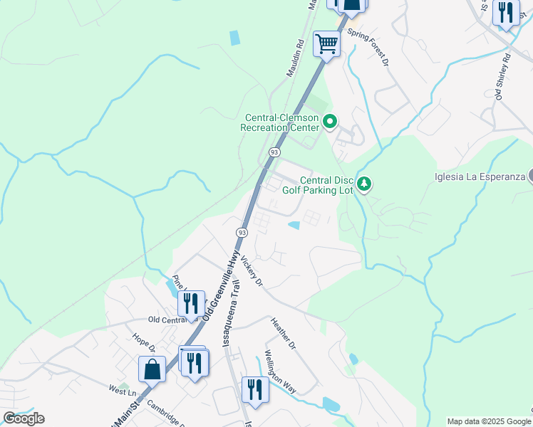 map of restaurants, bars, coffee shops, grocery stores, and more near 104 University Village Drive in Central