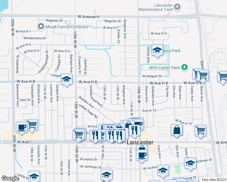map of restaurants, bars, coffee shops, grocery stores, and more near 45514 Newtree Avenue in Lancaster
