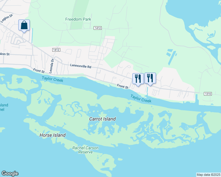 map of restaurants, bars, coffee shops, grocery stores, and more near 2400 Front Street in Beaufort