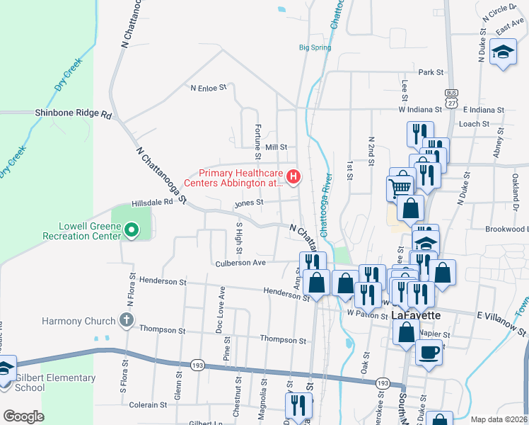 map of restaurants, bars, coffee shops, grocery stores, and more near 4 Fortune Street in LaFayette