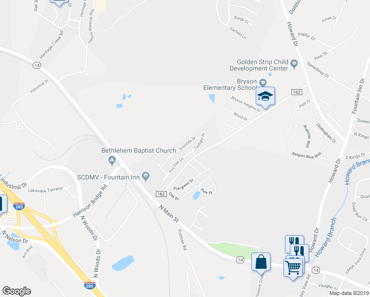 map of restaurants, bars, coffee shops, grocery stores, and more near 22 Eventide Drive in Simpsonville