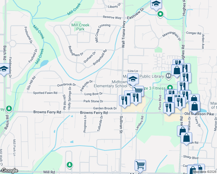 map of restaurants, bars, coffee shops, grocery stores, and more near 106 Garden Brook Drive in Madison