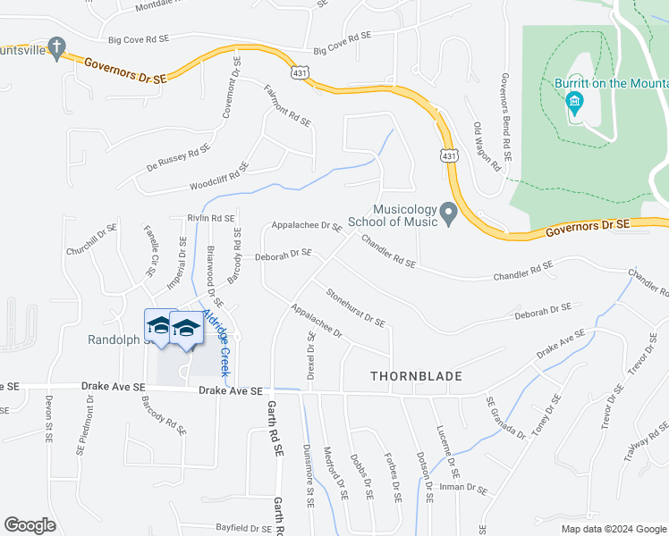map of restaurants, bars, coffee shops, grocery stores, and more near 1200 Deborah Drive Southeast in Huntsville