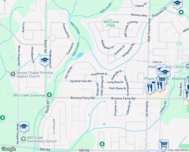 map of restaurants, bars, coffee shops, grocery stores, and more near 134 Silo Hill Road in Madison
