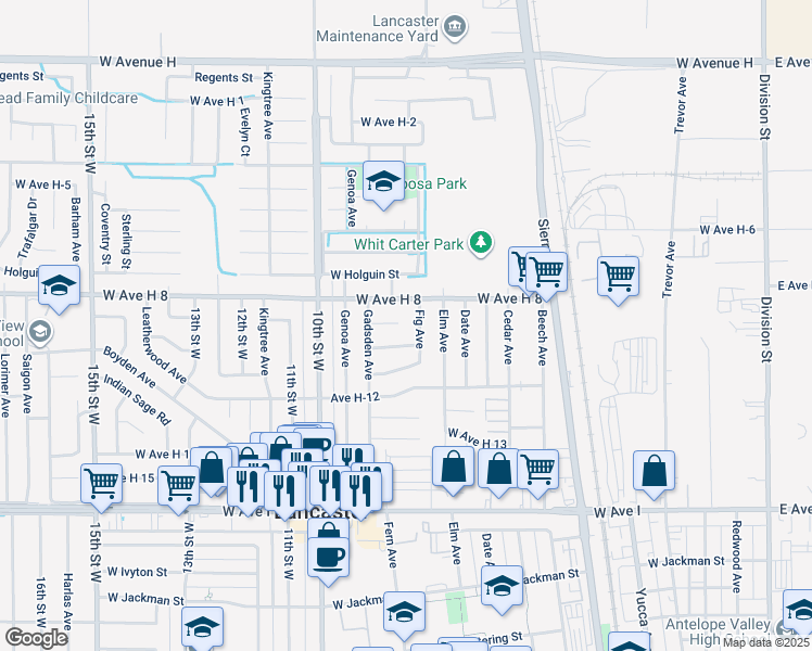 map of restaurants, bars, coffee shops, grocery stores, and more near 702 West Avenue H9 in Lancaster