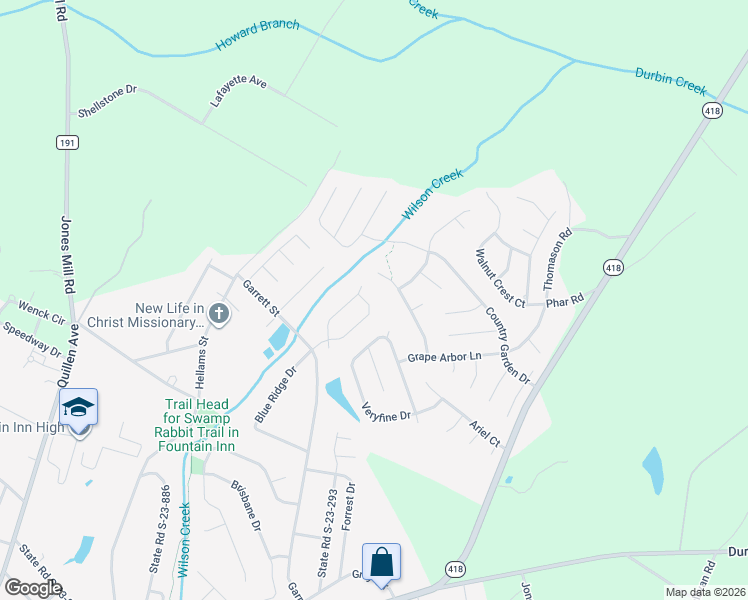 map of restaurants, bars, coffee shops, grocery stores, and more near 1103 Autumn Leaf Lane in Fountain Inn
