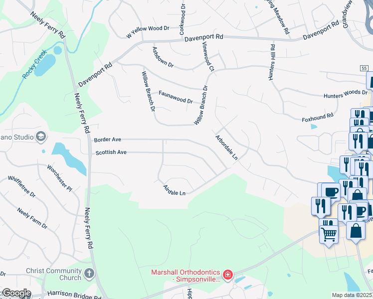 map of restaurants, bars, coffee shops, grocery stores, and more near 222 Scottish Avenue in Simpsonville