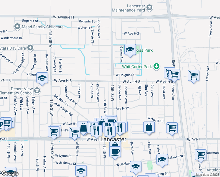 map of restaurants, bars, coffee shops, grocery stores, and more near 45520 11th Street West in Lancaster
