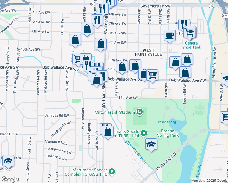 map of restaurants, bars, coffee shops, grocery stores, and more near 3109 Southwest 14th Avenue in Huntsville