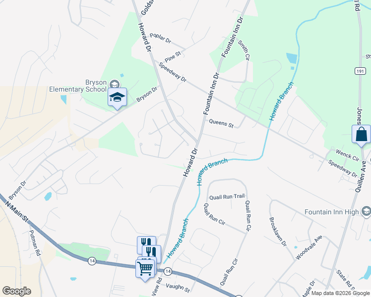 map of restaurants, bars, coffee shops, grocery stores, and more near 608 Chillingham Court in Fountain Inn