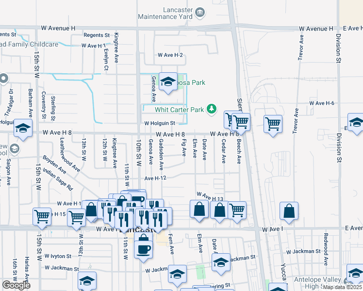 map of restaurants, bars, coffee shops, grocery stores, and more near 45521 Fig Avenue in Lancaster