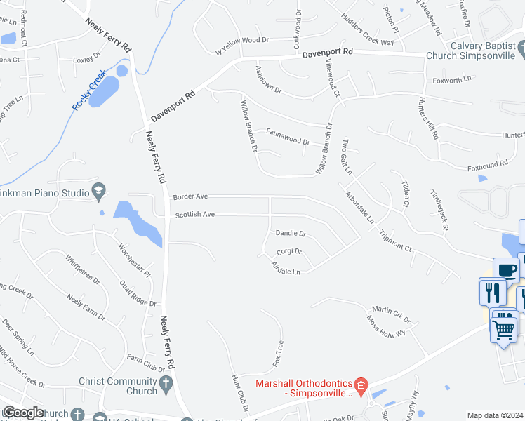 map of restaurants, bars, coffee shops, grocery stores, and more near 147 Scottish Avenue in Simpsonville