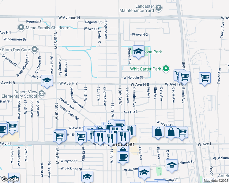 map of restaurants, bars, coffee shops, grocery stores, and more near 45520 11th Street West in Lancaster