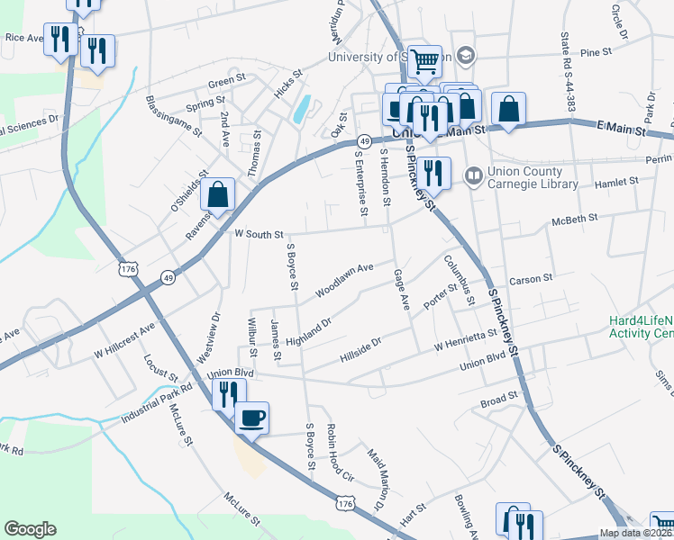 map of restaurants, bars, coffee shops, grocery stores, and more near 118 Woodlawn Avenue in Union