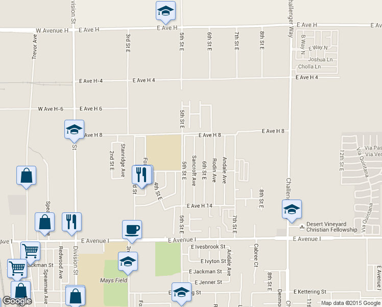 map of restaurants, bars, coffee shops, grocery stores, and more near 45541 Sancroft Avenue in Lancaster