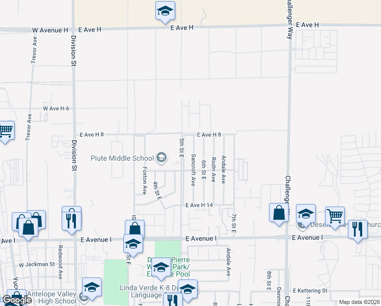 map of restaurants, bars, coffee shops, grocery stores, and more near 45541 Sancroft Avenue in Lancaster
