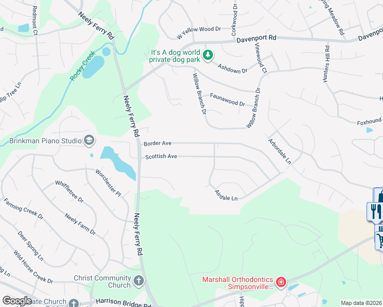 map of restaurants, bars, coffee shops, grocery stores, and more near 133 Scottish Avenue in Simpsonville