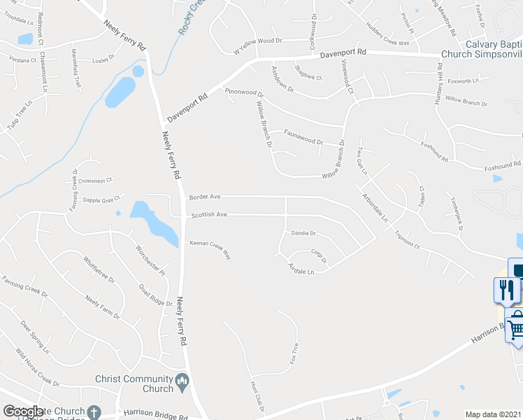 map of restaurants, bars, coffee shops, grocery stores, and more near 137 Scottish Avenue in Simpsonville