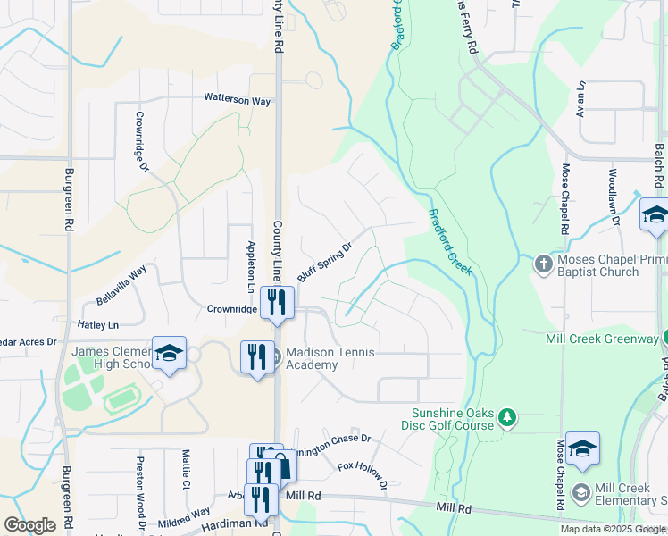 map of restaurants, bars, coffee shops, grocery stores, and more near 110 Bluff Spring Drive in Madison