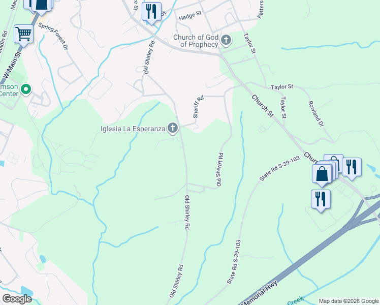 map of restaurants, bars, coffee shops, grocery stores, and more near 431 Old Shirley Road in Central