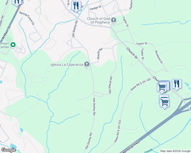 map of restaurants, bars, coffee shops, grocery stores, and more near 431 Old Shirley Road in Central