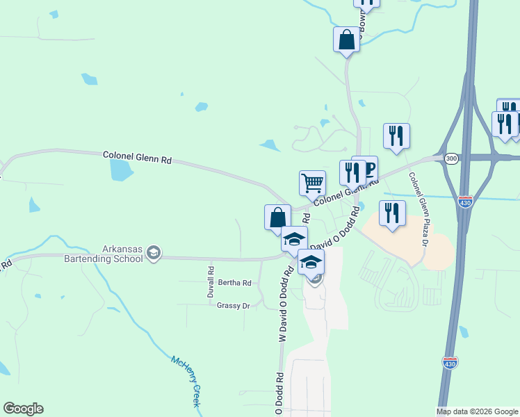 map of restaurants, bars, coffee shops, grocery stores, and more near 12423 Colonel Glenn Road in Little Rock