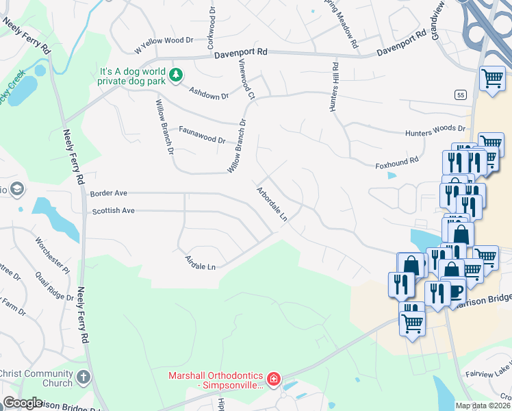 map of restaurants, bars, coffee shops, grocery stores, and more near 11 Arbordale Lane in Simpsonville