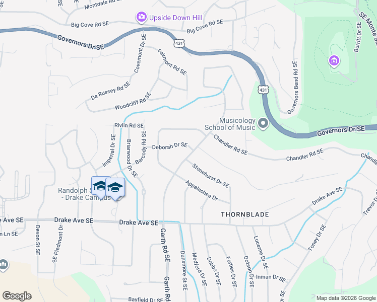 map of restaurants, bars, coffee shops, grocery stores, and more near 1200 Deborah Drive Southeast in Huntsville