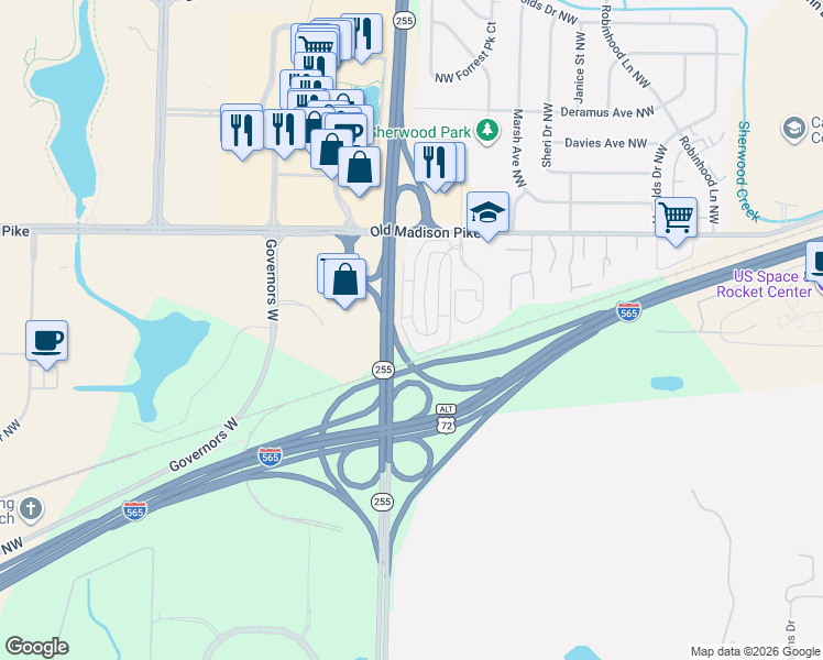 map of restaurants, bars, coffee shops, grocery stores, and more near 6848 Steeplechase Drive Northwest in Huntsville