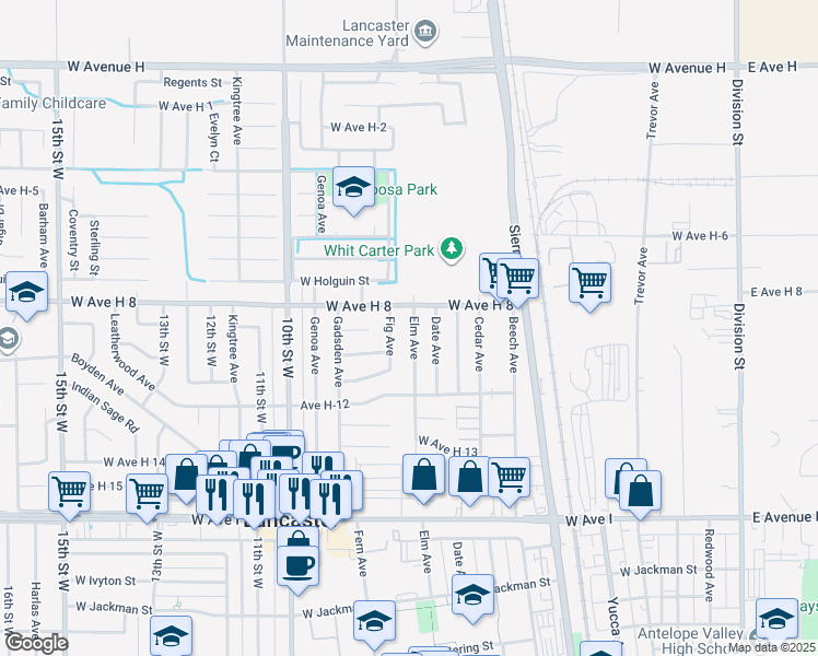 map of restaurants, bars, coffee shops, grocery stores, and more near 45532 Elm Avenue in Lancaster