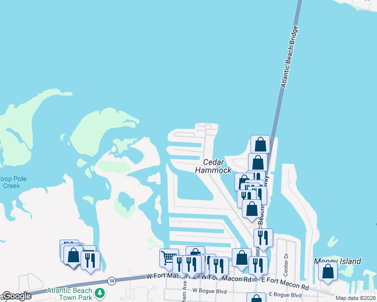 map of restaurants, bars, coffee shops, grocery stores, and more near North Shore II Drive in Atlantic Beach