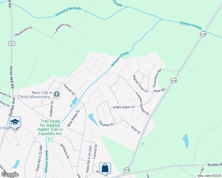 map of restaurants, bars, coffee shops, grocery stores, and more near 1103 Autumn Leaf Lane in Fountain Inn
