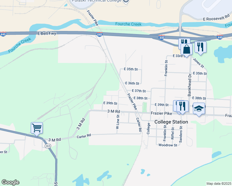 map of restaurants, bars, coffee shops, grocery stores, and more near 3604 East 38th Street in Little Rock