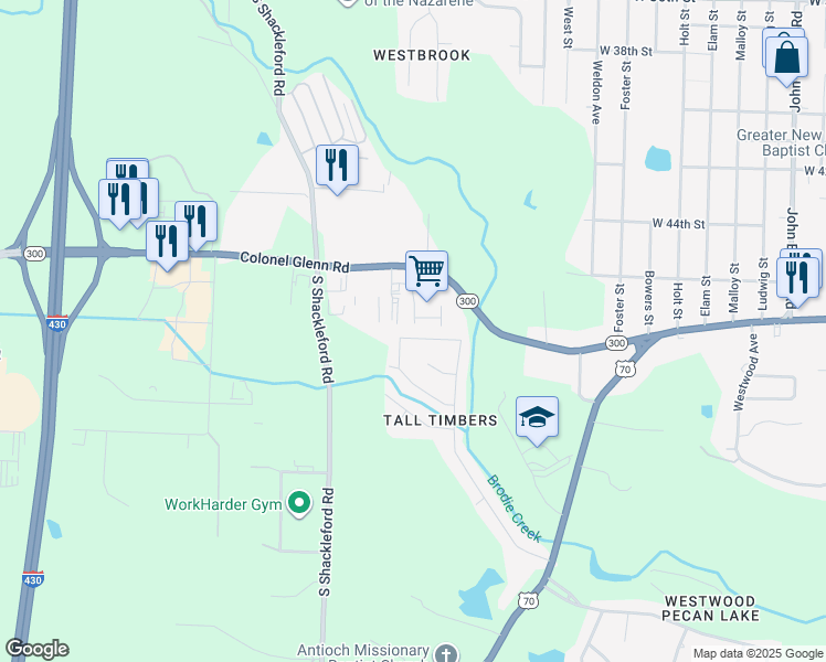 map of restaurants, bars, coffee shops, grocery stores, and more near 4609 Timberland Drive in Little Rock